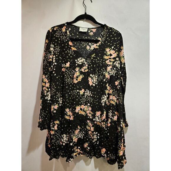 Everly Hanna Black Floral Short Dress Top V-Neck Long Sleeve Bohemian Women's M - Picture 3 of 9